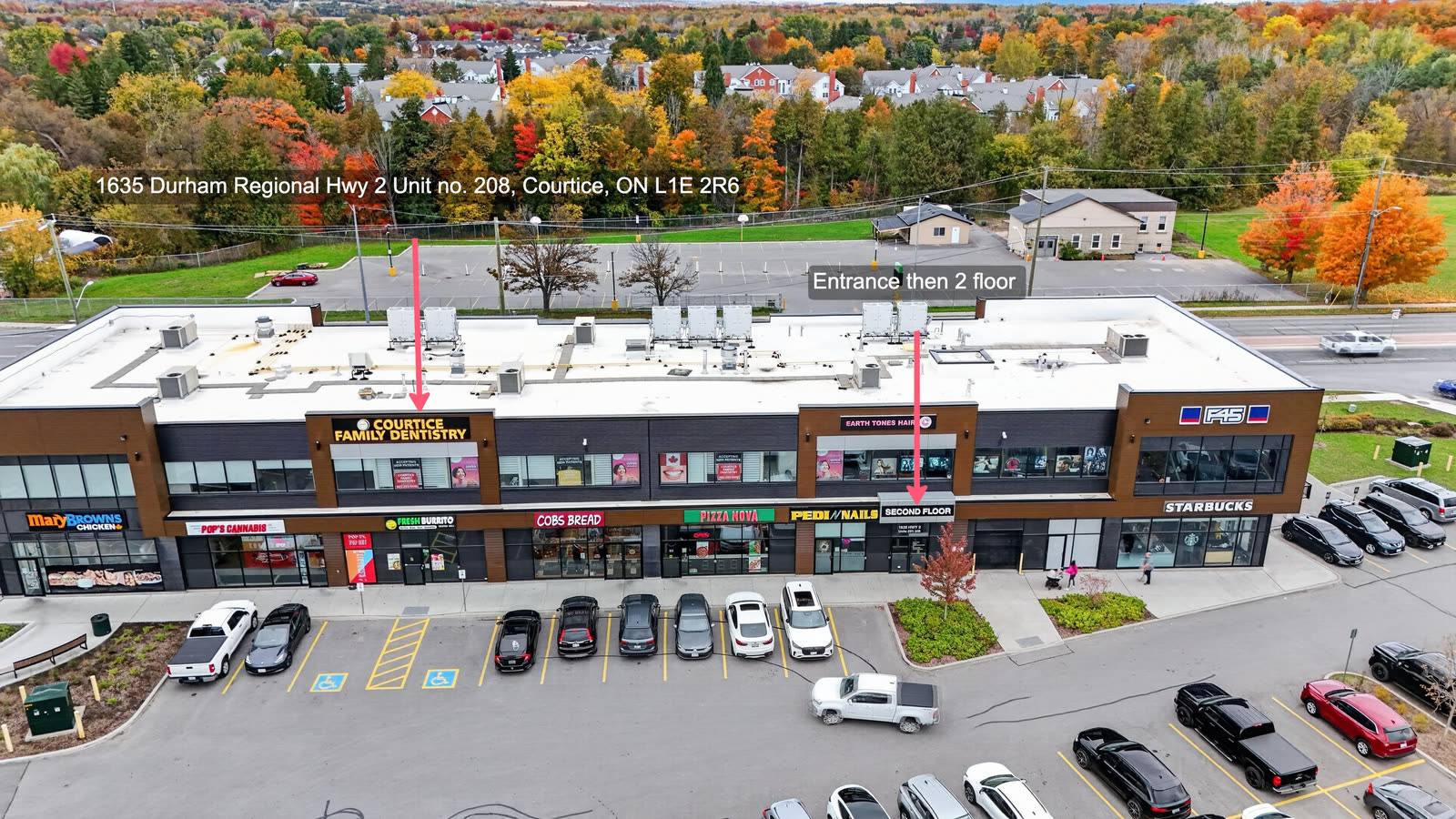 Aerial view of the building at 1635 Highway 2, Courtice, with Courtice Family Dentistry marked